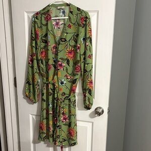 Loft - Floral Long Sleeve Green Wrap Dress Size 14
